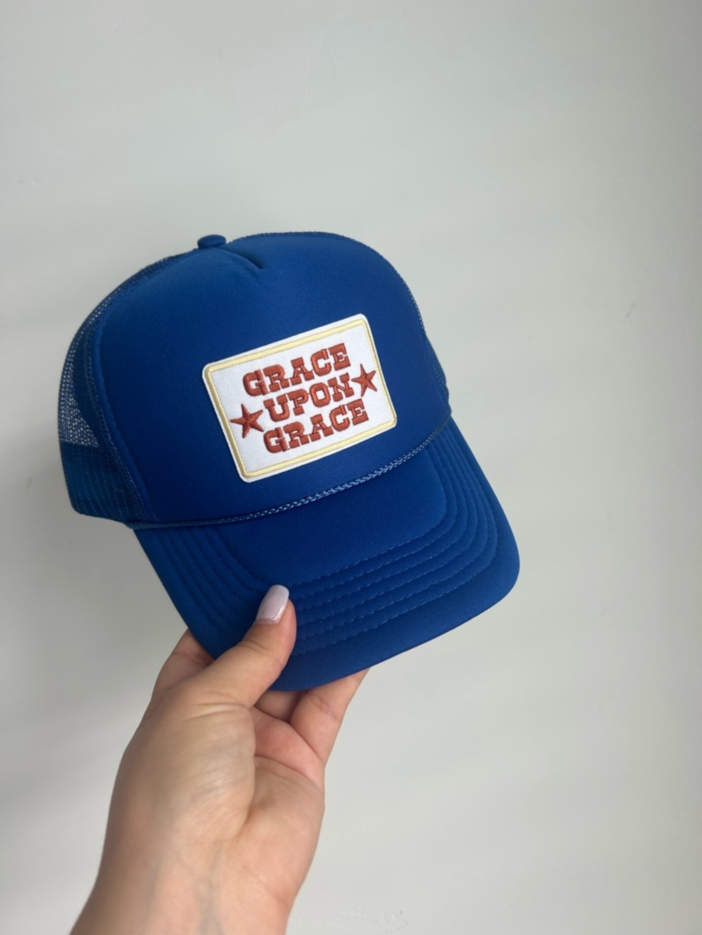 Blue Trucker Hat with 'Grace Upon Grace' Patch